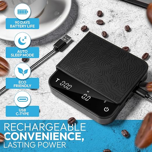 Mini Coffee Scale with Timer – Digital Barista Weight Scale with Designer-Patterned Tamper Mat, 0.1g High Precision, Portable & Rechargeable for Espresso, Pour Over, Drip, and Kitchen Brewing Use