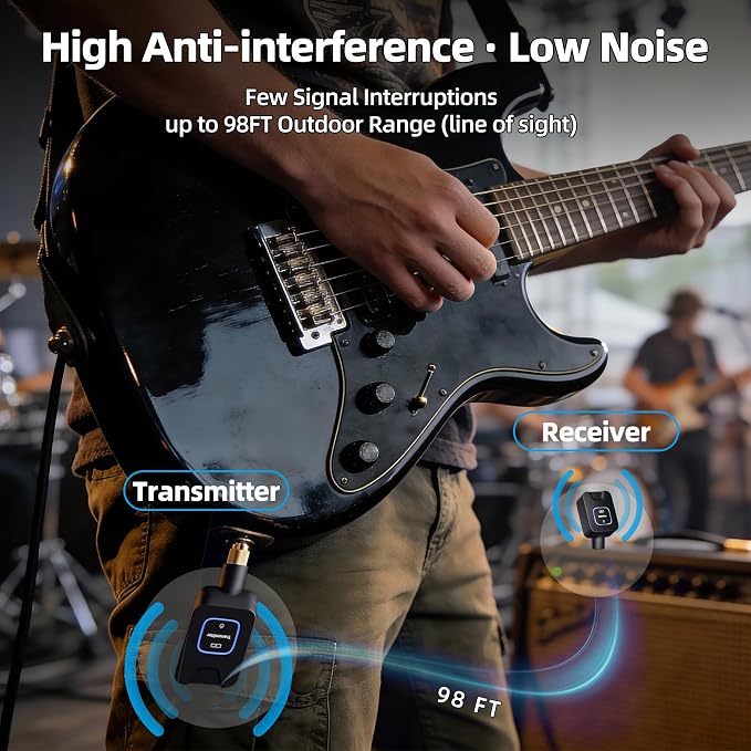 Wireless Guitar System 5.8GHz Digital Transmitter Receiver, 24bit/48kHz Audio, <4.6ms Low Latency, 6 Channels, 30m Outdoor Range, 30H Playtime with Charging Case for Electric Instruments