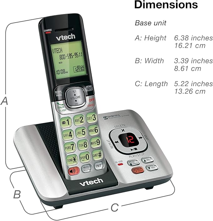 VTech CS6529 1-Handset Cordless Phone with Answering Machine, Caller ID/Call Waiting, DECT 6.0, Handset Speakerphone, Silver/Black