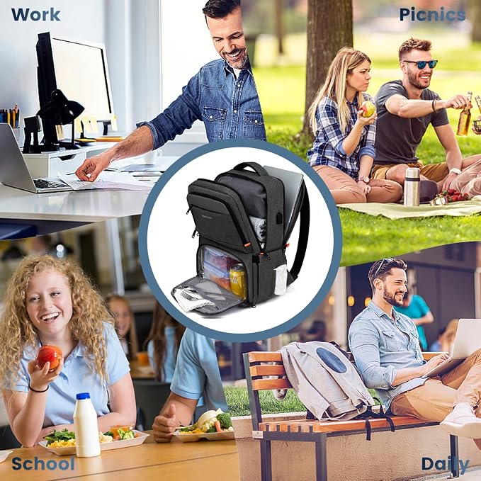 RUCYEN Lunch Backpack, Insulated Cooler Backpack Lunch Box for Men Women, 15.6 Inches RFID Blocking Laptop Backpack with USB Port Lunch Bag for Work Travel Black