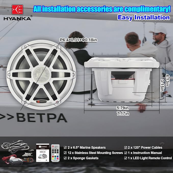 H YANKA HMS-65 6.5 Marine Speakers - 750W 2-Way IP67 Waterproof Boat Stereo System with LED Lights, High-Fidelity Coaxial Speakers, Y35 Magnet Woofer, UV & Salt Spray Resistant - 1 Pair (White)