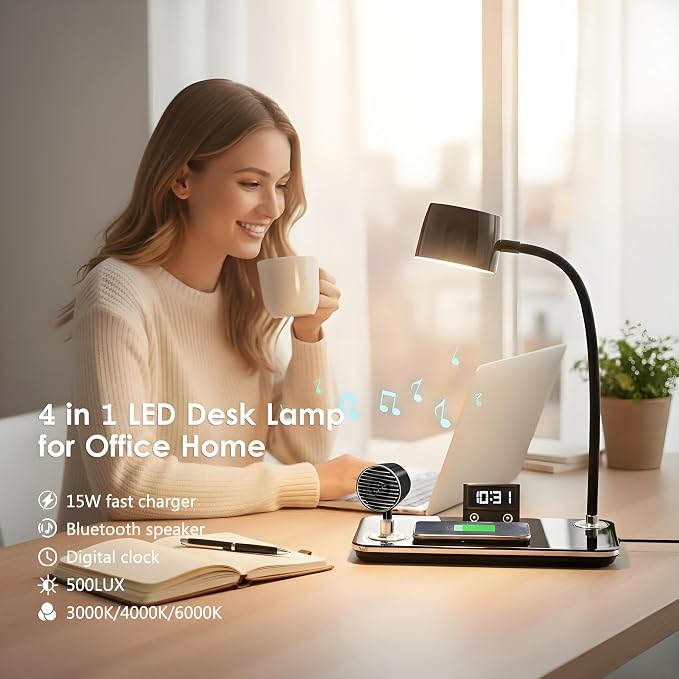LED Desk Lamp for Home Office, 4-in-1 Modern Desk Light with 15W Wireless Charger, Bluetooth Speaker & Digital Clock, 3 Color Modes Eye-Caring Study Reading Lamp, Flexible Gooseneck, Black