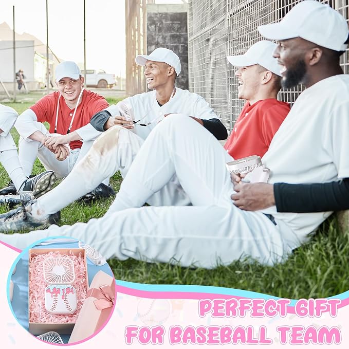 Retisee 12 Pcs Ice Cream Drip Baseball Mini Portable Handheld Fans 3 Speed USB Rechargeable Necklace Fans Bulk 180° Foldable Electric Personal for Sport Party Favors Team Game Gift(White)