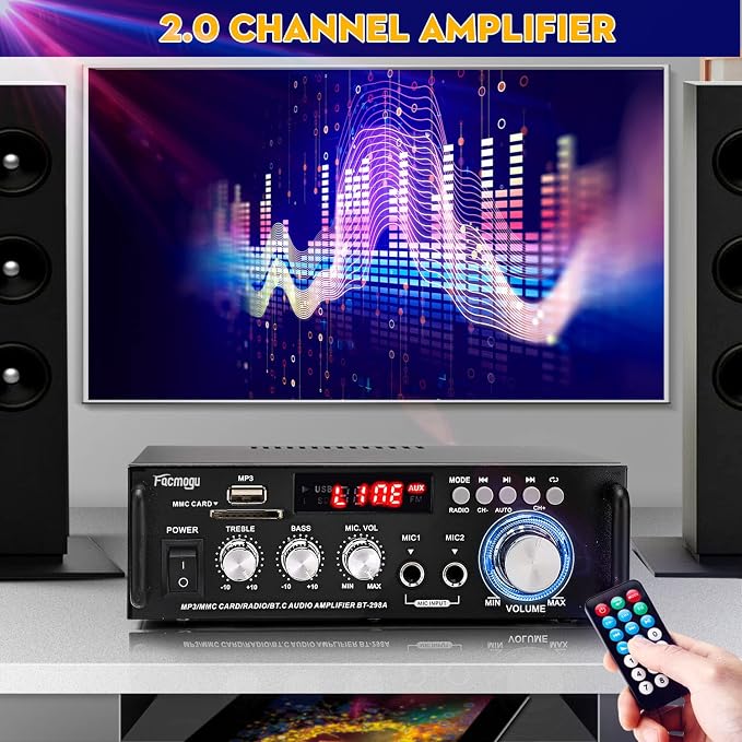 Facmogu 298A Max 300Wx2 Wireless Bluetooth 5.0 Stereo Audio Amplifier, RMS 40Wx2 Power Amp 2 Channel Stereo Receiver for Home Theater Speakers, Bass & Treble Control, USB/SD/RCA/MIC/FM in, Remote