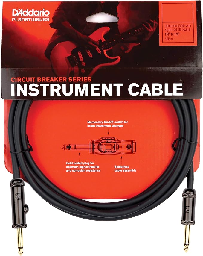D’Addario Accessories Custom Series Circuit Breaker Guitar Cable - Momentary Kill Switch Instrument Cable with ¼ Inch Ends - On/Off Switch for Silent Instrument Changes - Straight, 15 feet