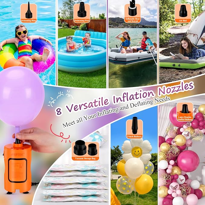 AGPTEK Electric Air Pump with 8 Versatile Nozzles, Portable Fast Fill Air Mattress Pump for Inflatables, High Pressure Quick Inflator for Balloon, Pool Floats, Kayak, Vacuum Storage Bag