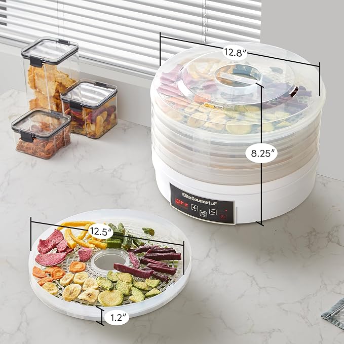 Elite Gourmet EFD770WD Digital Food Dehydrator with 5x12.5” BPA Free Trays, Adjustable 48-hr Timer and Temperature from 95~158F, Jerky, Herbs, Fruit, Veggies, Dried Snacks, White