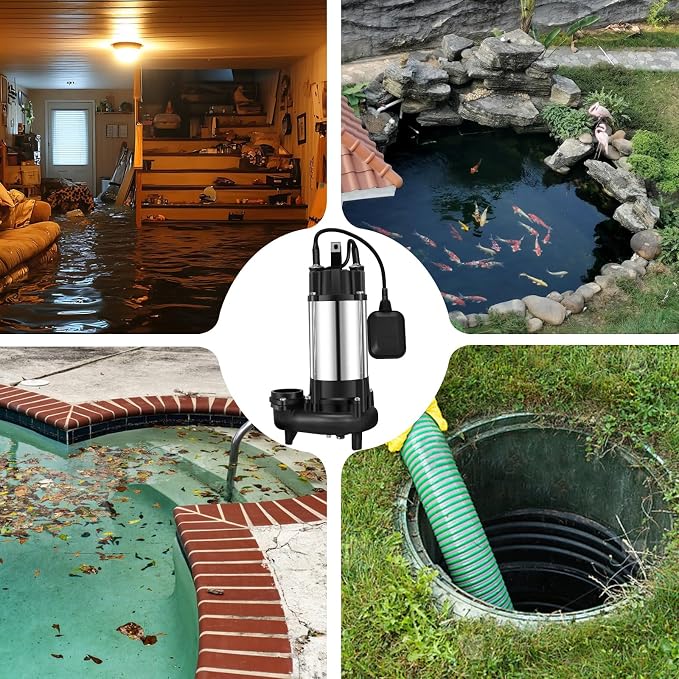 1 HP Sewage Grinder Pump, 115V Grinder sump pump, Stainless Steel, Automatic Float Switch, Cast Iron Impeller, 2'' Npt Discharge, Sewage Pumps for Basement, Sump Basin, Sewage Well
