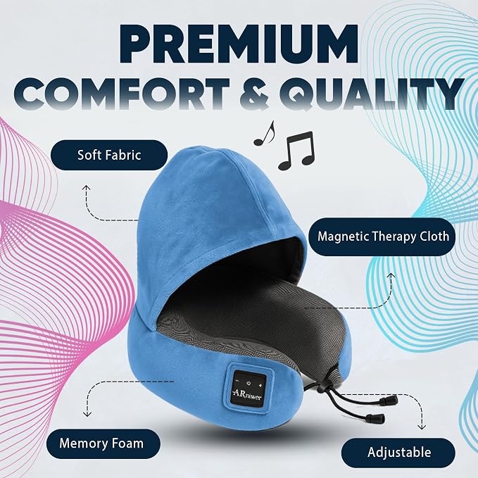 Bluetooth Music Semicircular Neck Pillow with Hood Wireless Bluetooth Speaker Suitable Airplane,Car,Office,and Outdoor Camping for Sleeping, Resting The Best Travel Essentials. (Light Blue)