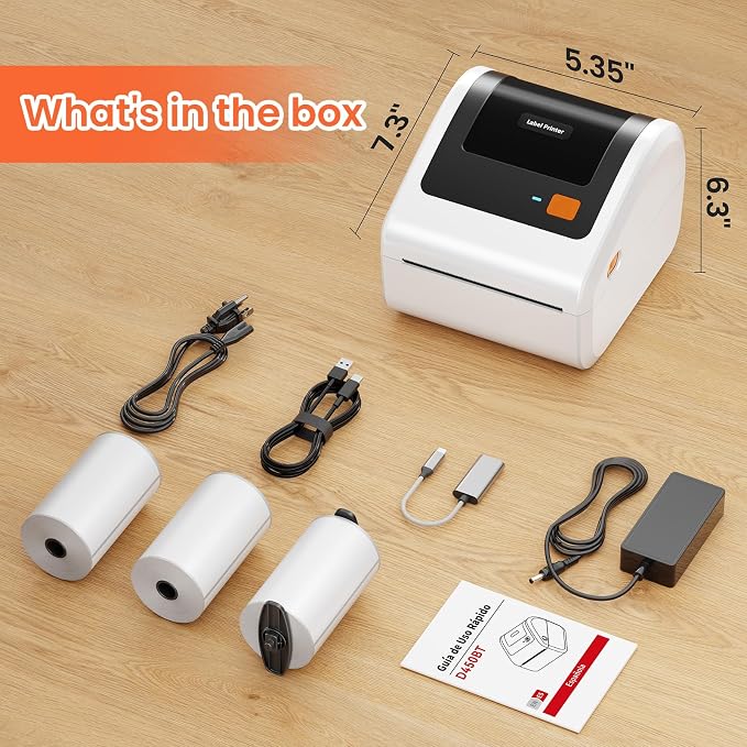 Bluetooth Shipping Label Printer with 1 Roll Labels - D520BT Thermal Label Printer, Thermal Printers with Built-in Label Holder, Come with 500PCS 4x6 White Labels (500 Labels/Roll)