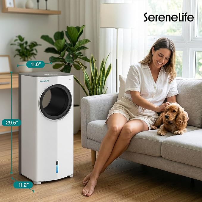 SereneLife Portable Evaporative Air Cooler with 4L Detachable Water Tank, 1800 CFM Evaporative Cooler with Remote & Ice Packs, Indoor Outdoor Air Cooler Portable for Room Use, (White & Gray)