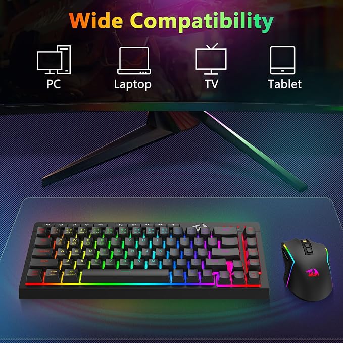 Redragon Wireless Gaming Keyboard and Mouse Combo, Bluetooth/2.4G/USB-C Wired, RGB Backlit, 60% Portable Quiet Rechargeable Macro Membrane Keyboard & 12800 DPI Mouse with Software for Win/MAC