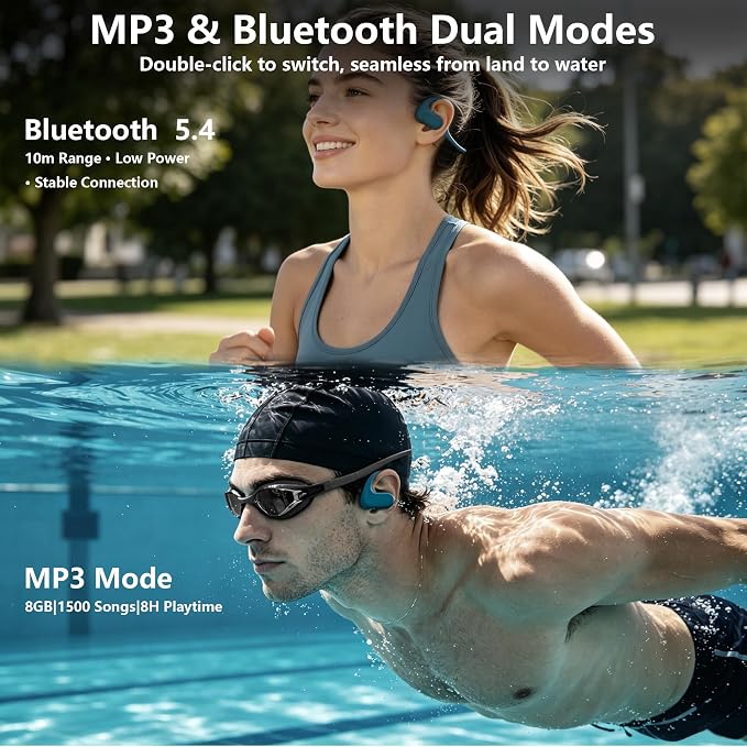 Waterproof Earbuds for Swimming, Swimming Headphones with 8GB MP3 Player | In-Ear Bone Conduction Earbuds , Swimming Headphones, IPX8 Swimming Earphones for Underwater, Headphones for Running Fitnes