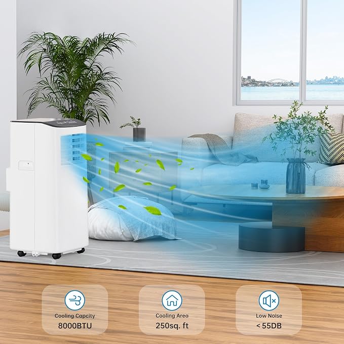 8000 BTU Portable Air Conditioner, Cools Up to 350 Sq.ft. Quiet AC Unit with Remote, 3-in-1 Dehumidifier Fan Sleep Mode 24H Timer, Easy Install Window Kit, for Home,White Body-Black Top Cover