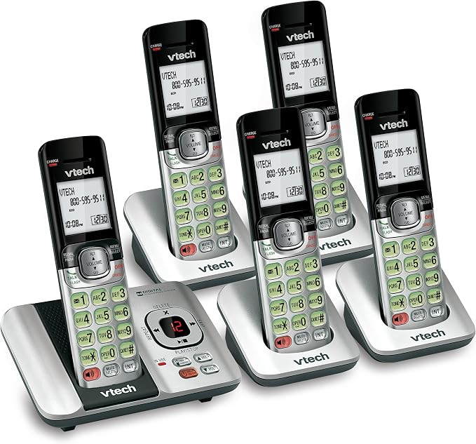 VTech CS6529-5 5-Handset DECT 6.0 Cordless Phone with Answering System, Caller ID/Call Waiting, Wall-Mountable, LCD Screen, Handset Speakerphone (Silver/Black)