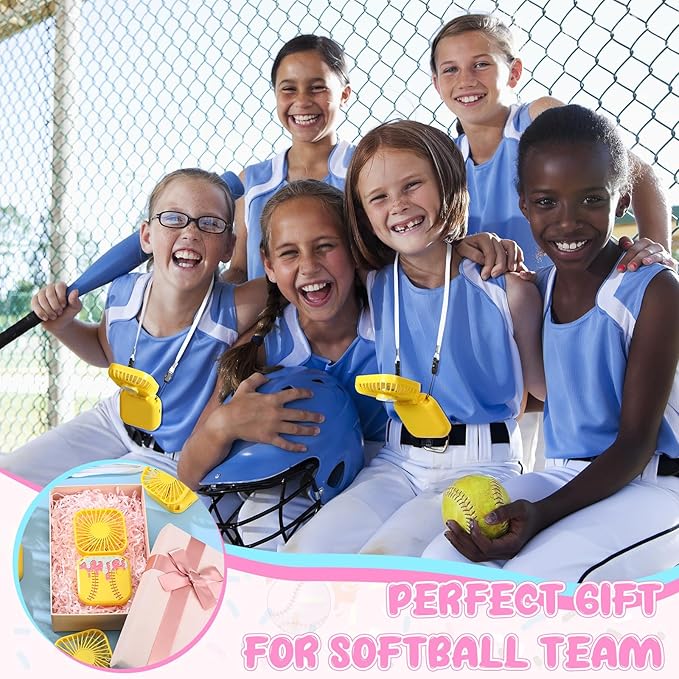 Retisee 12 Pcs Ice Cream Drip Softball Mini Portable Handheld Fans 3 Speed USB Rechargeable Necklace Fans Bulk 180° Foldable Electric Personal for Sport Party Favors Team Game Gift(Yellow)