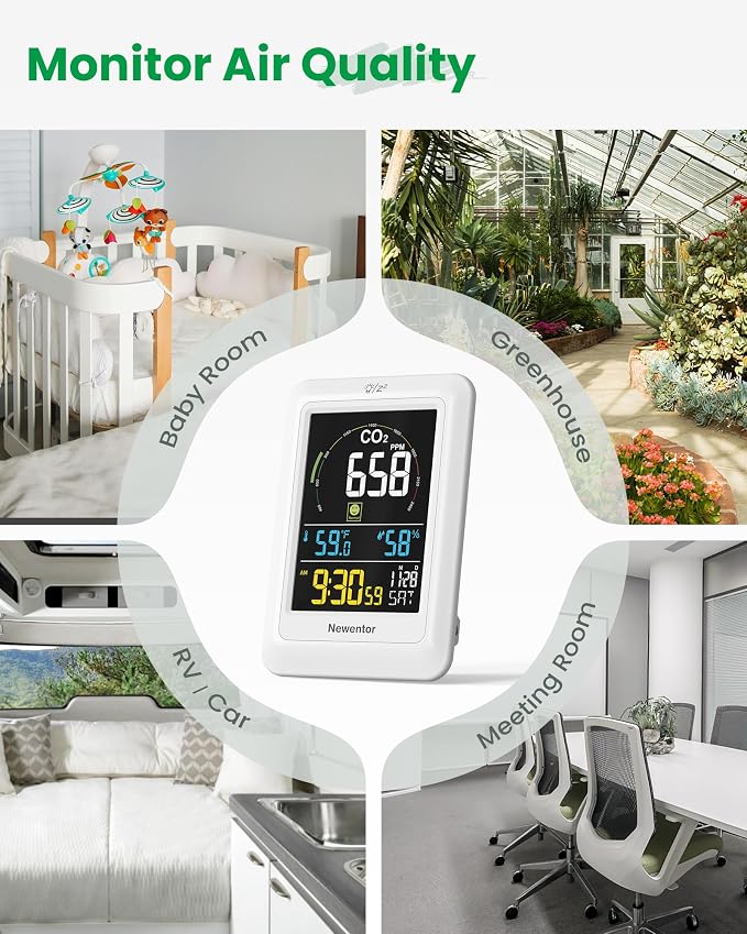 Newentor CO2 Monitor, Indoor Air Quality Meters, Carbon Dioxide Detector with Voice, Large Display CO2 Tester, Temperature Humidity Sensor, Alarm Clock for Home, RV, Grow Tents, Off White