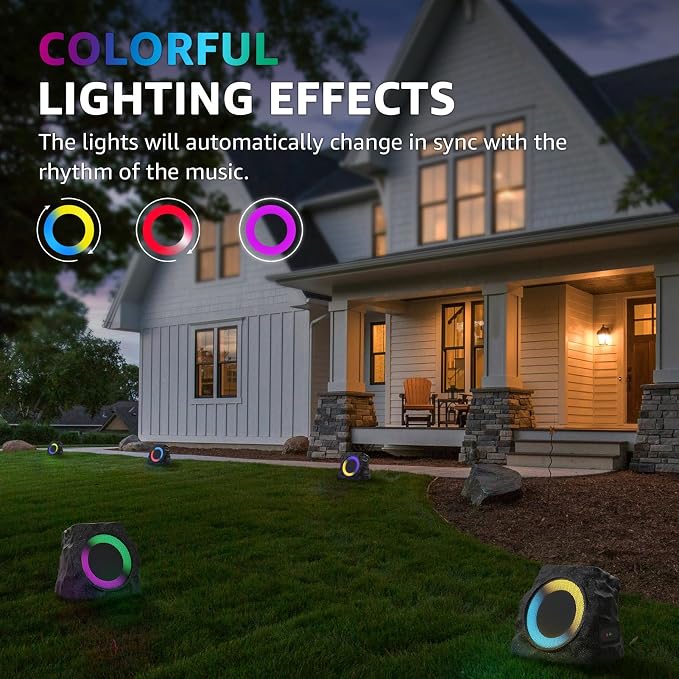 uuffoo 2-Pack Rock Speakers Outdoor Waterproof with RGB Color Lights Multi-Sync Up to 100 Speakers,Auto-Pairing,Solar-Powered and USB Charging for Patio Pool Party Yard Garden Outside