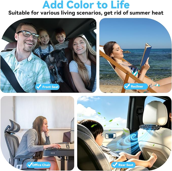 1PCS Car Seat Fan, Portable Car Fans for Backseat for Kids, USB Rechargeable Backseat Neck Cooling Air Conditioner Cooler Vent Clip on Fan with 3 Adjustable Wind Speeds Device for All Cars-Black