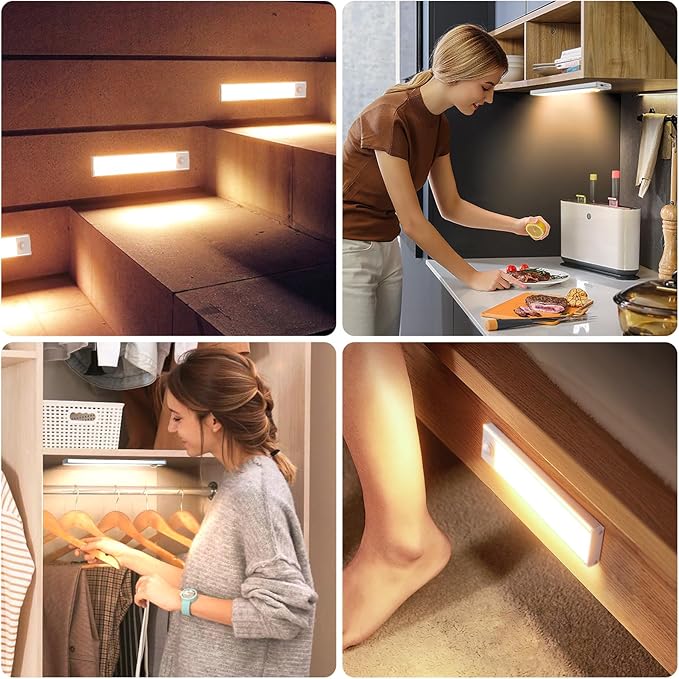6 Pack Under Cabinet Lights Wireless, 40 LED Motion Sensor Light Indoor Rechargeable Magnetic Closet Lights Battery Operated, Under Counter Lights for Kitchen, Wardrobe, Stairs, Warm Light