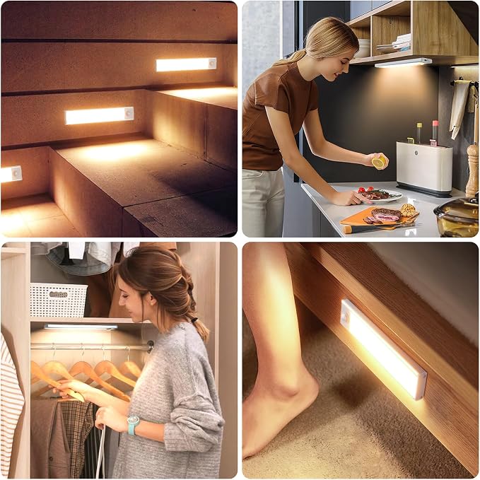 6 Pack Under Cabinet Lighting Wireless, 40 LED Rechargeable Battery Motion Sensor Light Indoor, Stick On Magnetic Closet Lights, Under Counter Lights for Kitchen, Stairs, Warm 10 in