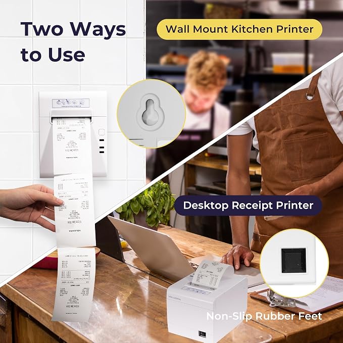 Volcora Thermal Receipt Printer, 80mm POS Printer w/Auto Cutter, USB/WiFi Interface for Windows/MAC/Linux, ESC/POS Command Support Cash Drawer, High Speed Kitchen Printer, Wall Mount (White)