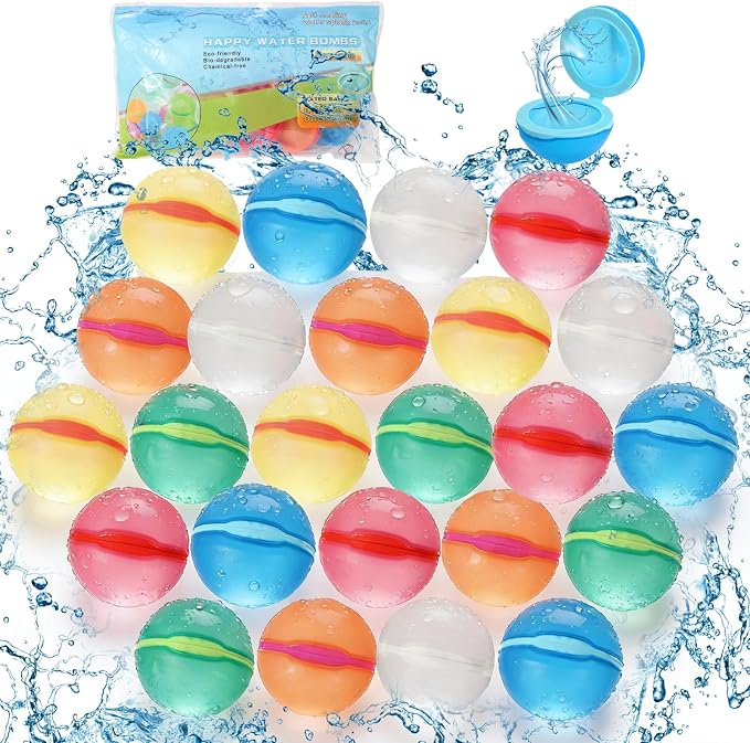 Reusable Water Balloons Refillable for Kids: Soft Silicone Material Self Sealing for Outdoor Activities - Summer Pool Beach Water Bomb for Boys Girls 3-12 Years (24Pack)