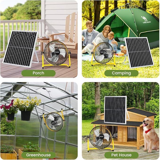 14" Solar Rechargeable Floor Fan, 35W Solar Powered Battery Operated Fans for Outdoor Garden Greenhouse Barn Stable Camping Garage Patio Air Circulation Cooling