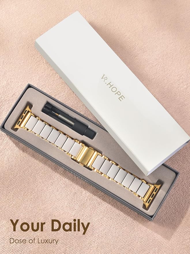 V.R.HOPE Apple Watch Band for Women 42mm 44mm 45mm 46mm 49mm Fashion Gold Stainless Steel Metal Strap with Resin Inlay, Fashion Bracelet Compatible with iWatch Series Ultra3/11/10/9/8/7/6/5/4/3/2/1/SE (Starlight+Gold)