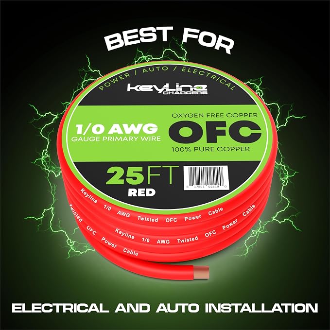 1/0 Gauge Wire (25ft) AWG Amp Battery Cable for Automotive Electrical Wiring - Oxygen Free Copper (OFC) Welding Cable 0GA - Car Amplifier Power & Ground Cable, Stereo Audio Speakers, RV Trailer Wiring
