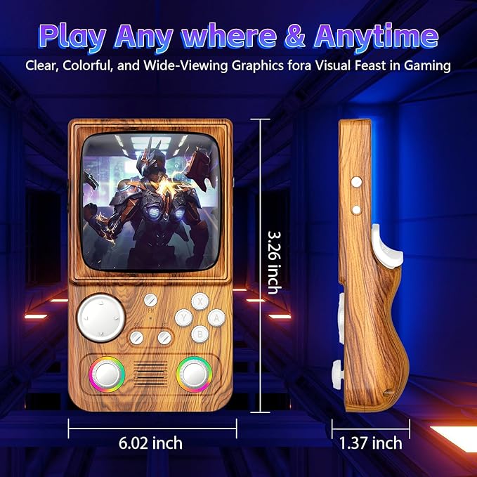 R36TMAX Retro Handheld Game Console, 4 Inch IPS HD Screen Retro Gaming Console,Supports WiFi Networked Fighting and OTG,Compatible with a Large Variety of Classic Games,Built-in 64G,Wood Grain Brown