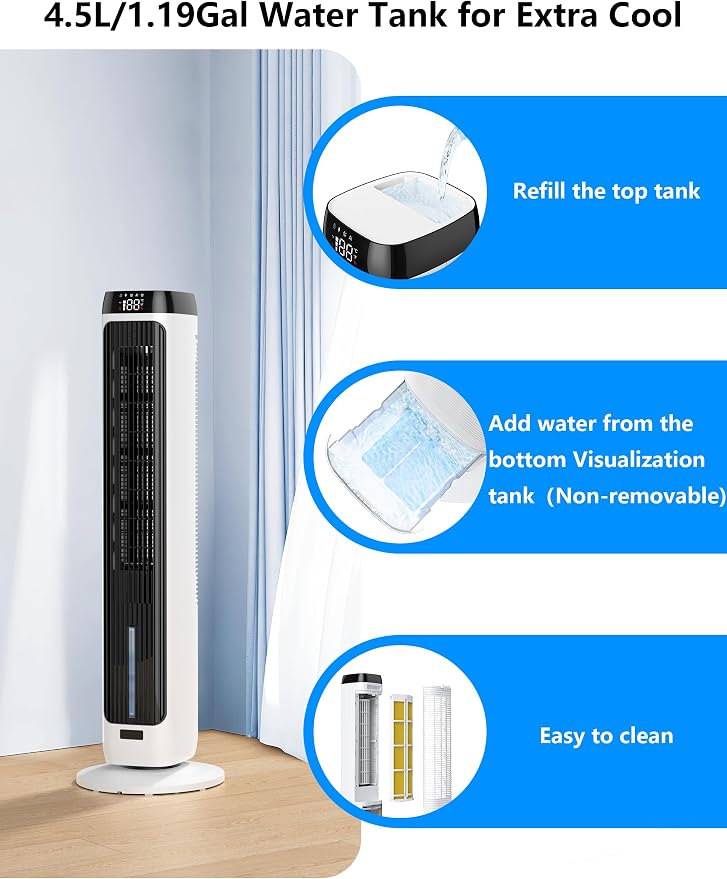PNTCK 41" Evaporative Air Cooler Swamp Cooler with 3 Speeds, 5 Modes, 12H Timer, Remote, 80° Oscillation, LED Display, Bladeless Tower Fan Cooling Fan for Bedroom Office Large Room Indoor Use