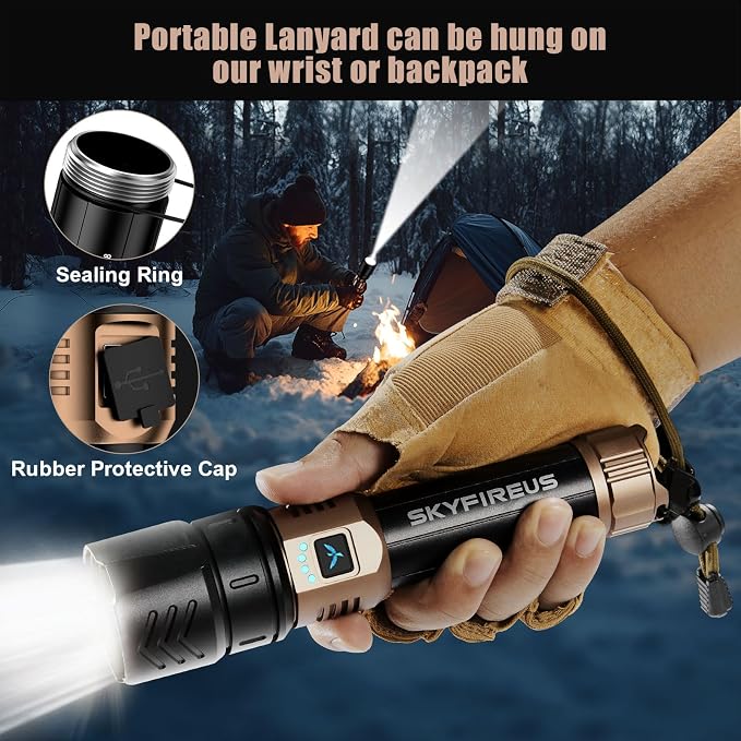 SKYFIRE Rechargeable Flashlight High Lumens,8000mAh Super Bright Flashlight,Zoomable,4 Modes,Waterproof LED Flash Light for Camping Essentials,Outdoor and Home Emergencies-No Lens