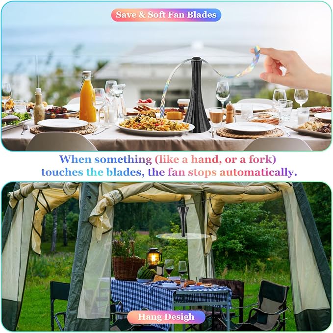 Fly Fans for Tables Rechargeable, Flies Fan to Keep Flies Away by Soft Blades, Food Fans for Camping, Picnic, Fishing, 4PCS, Black,Party Essentials Picnic Accessories for Outside, 2000mah