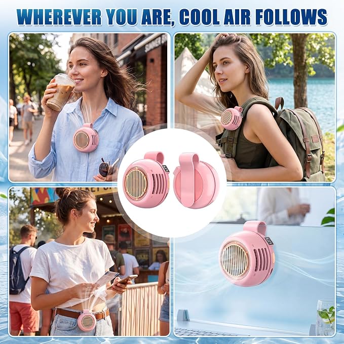 2 Pack Portable Silent Mini Bladeless Fan Clip on 5 Adjustable Speeds Digital Display 360 Rotatable USB Rechargeable Electric Small Fan for Shirt Waist Outdoor Travel(Pink)