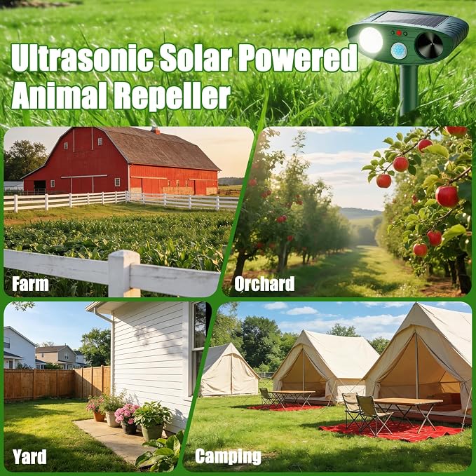 2026 Solar Ultrasonic Animal Repellent Outdoor with Motion Sensor Flash Light, IP66 Waterproof Deer Cat Squirrel Raccoon Repellent for Yard Farm Garden (2 Pack)
