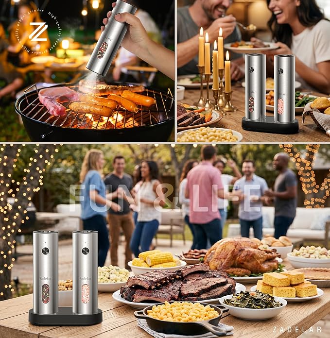 Zadelar Rechargeable Electric Salt and Pepper Grinder Set with USB-C Charging Base, Stainless Steel Automatic Salt and Pepper Shakers, Adjustable Coarseness, LED Light, Large Capacity, Kitchen Gift
