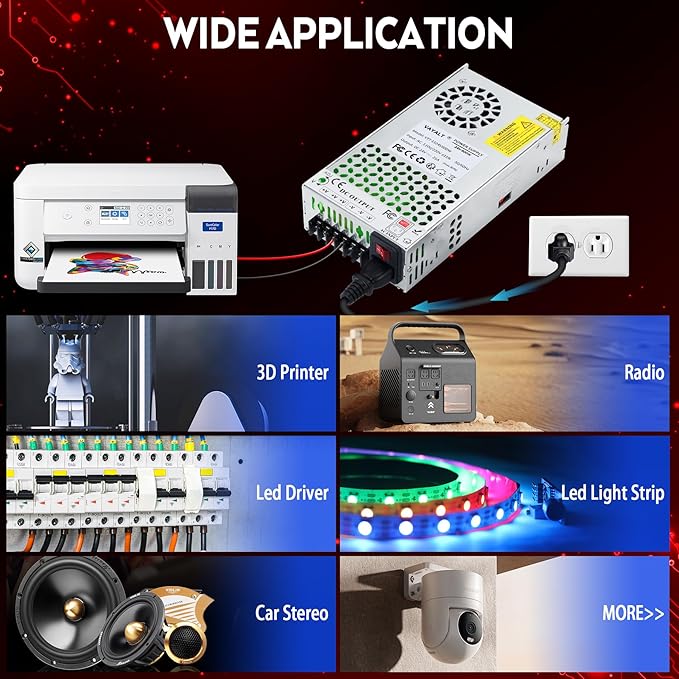 VAYALT 24V 25A 600W DC Switching Power Supply, Universal Regulated Switching AC 110V/220V to DC 24V Transformer, 24V Power Supply for Industrial, CCTV, Computer Project, 3D Printer, LED Strip Light