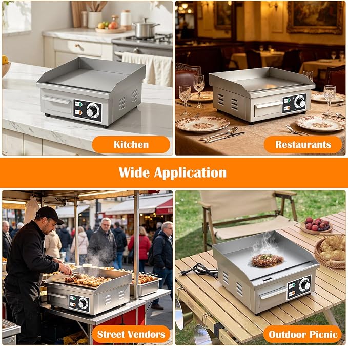 Electric Griddle 15.7"×14.2" 1700W Flat Top Grill Stainless Steel Teppanyaki Grill Countertop Flat Top BBQ Nonstick Plate Adjustable Temperature Control for Home or Restaurant Use