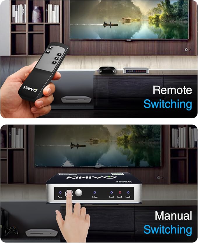 Kinivo HDMI Switch 3 in 1 Out 4K 60Hz (HDR 10, High Speed 18Gbps, IR Remote, HDCP2.2, Dolby Vision, VRR) - 350BN Switcher Compatible with Roku, PS5, Xbox, Apple TV, Nintendo Switch 2, Cable Box