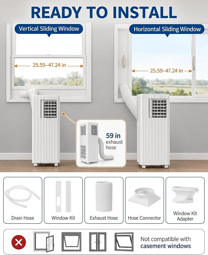 8000 BTU Portable Air Conditioners, Cools Up to 350 Sq. Ft, 4-in-1 Portable AC Unit for Rooms with Remote Control, Quiet Operation, 24H Timer, Window Installation Kit for Home Office