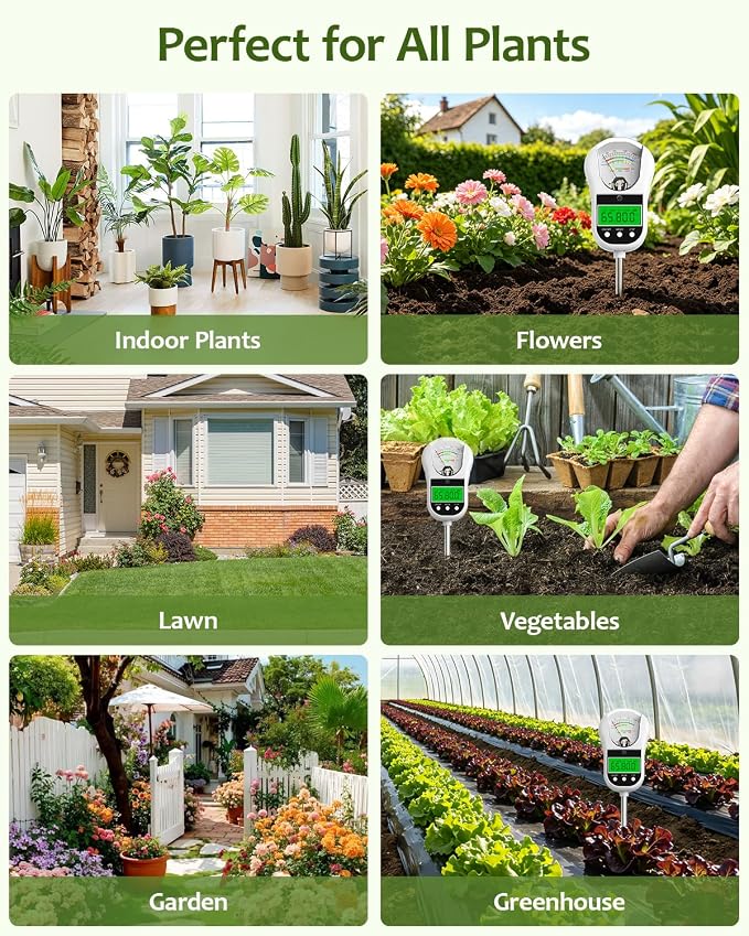 7-in-1 Soil Test Kit, Soil Moisture Meter/pH Meter/Light Intensity/Fertility/Air & Soil Hygrometer Temperature with Large Dual Display for Garden,Lawn, Farm, Indoor Outdoor Plants-Warm White