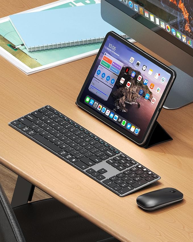 seenda Wireless Bluetooth Keyboard and Mouse Combo, SKM64-3 Rechargeable Slim Quiet Keyboard Mouse, 3 Multi-Device Connection, Compatible for Windows 11/10 PC Laptop Mac MacBook iPad, Black Gray
