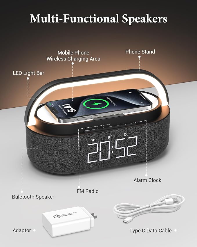 FREEFISH Bluetooth Speaker with Wireless Charger, FM Radio, Adjustable LED Night Light, Dual Wireless Speakers, Suitable for Decoration, Bedroom, Home, Office, Gift, Black