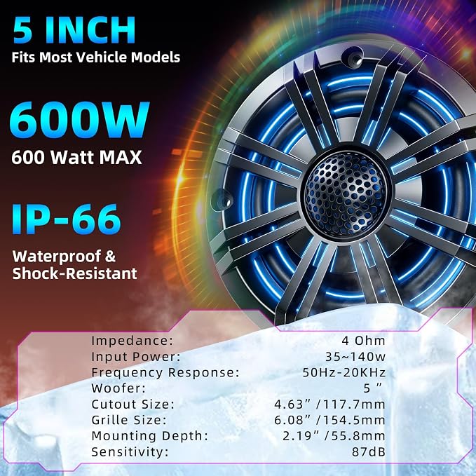 5.25" 600W Marine Speakers, IP66 Waterproof Boat Stereo Speakers with LED Lights, 2-Way Coaxial Audio, Y35 Woofer, UV & Salt Spray Resistant (Pair, Black,C)