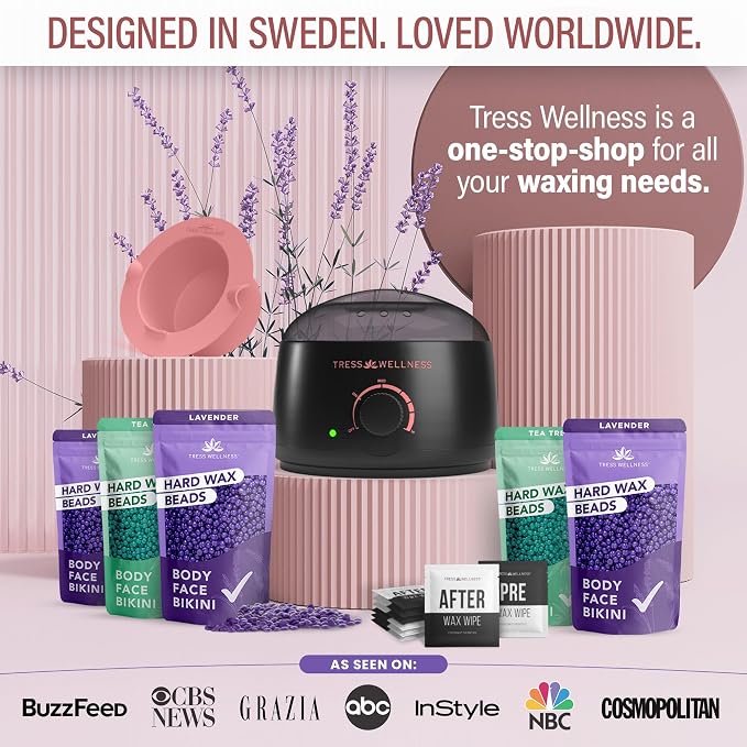 Tress Wellness Award Winning Waxing Kit for Sensitive Skin – Safe for Face & Skin, Easy to Use – At-Home Kit for Face, Bikini, Brazilian & Full Body - Midnight Rose, No Display