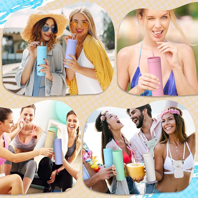 Reallnaive 12 Pcs Skinny Tumbler Bulk and Mini Portable Fans Set for Summer, 16 oz Plastic Cups with Lids Straws and Small USB Rechargeable Handheld Fan for Cooling Gift (Multicolor)