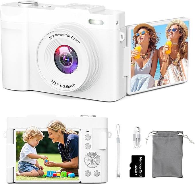 4K Digital Camera for Photography, Small Vlogging Camera with Flip Screen for YouTube, 50MP 16X Zoom, Portable Travel Cameras with 32GB SD Card for Beginners(White)
