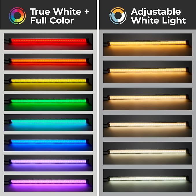 PureOptics LED Professional Push Wire® Under Cabinet Light Bar, Add-on, Plug-in or Hardwire Compatible, Adjustable White and RGB LED, for Kitchen, Utility Light, Closets, Garage, Pantry, (1) 18" Bar