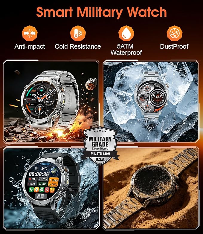 SUNKTA Military Smart Watches for Men,1400mAh Battery Smart Watch with Flashlight,1.7" HD Screen 5ATM Waterproof Fitness Tracker Smartwatch with 110+ Sport Modes,for iOS Android(2 Bands/Silver)
